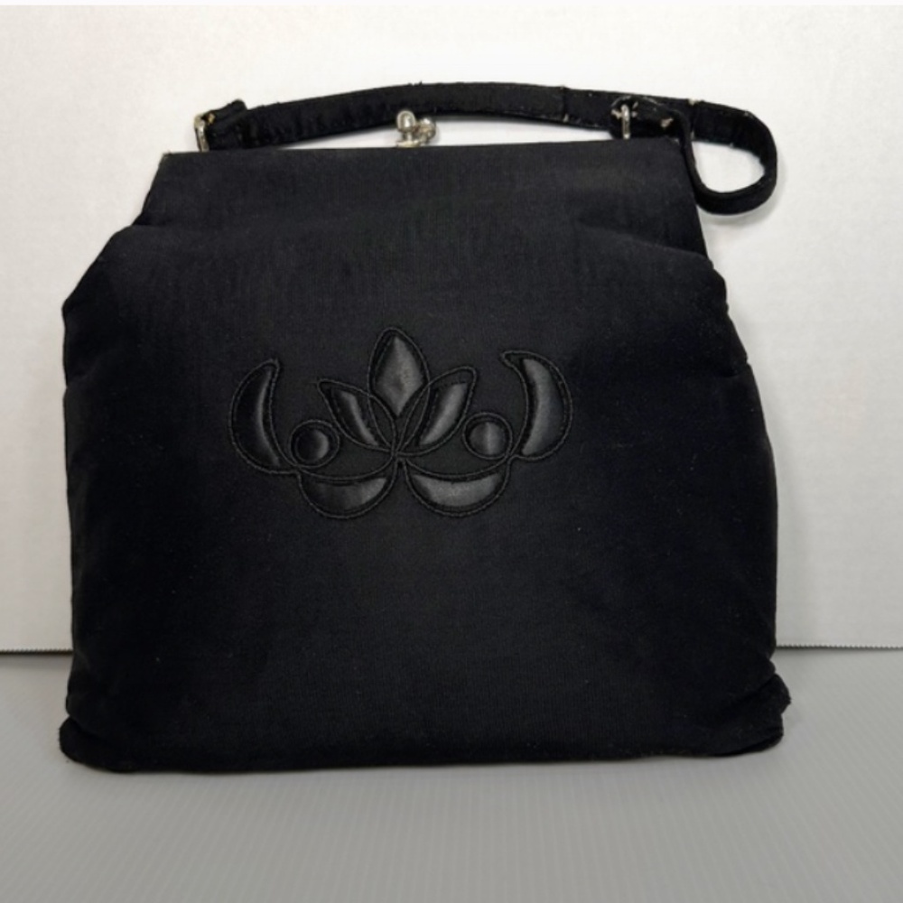 Vintage Black Hinged Clutch Purse w/Button Snap Clasp Closure Embroidered Lotus